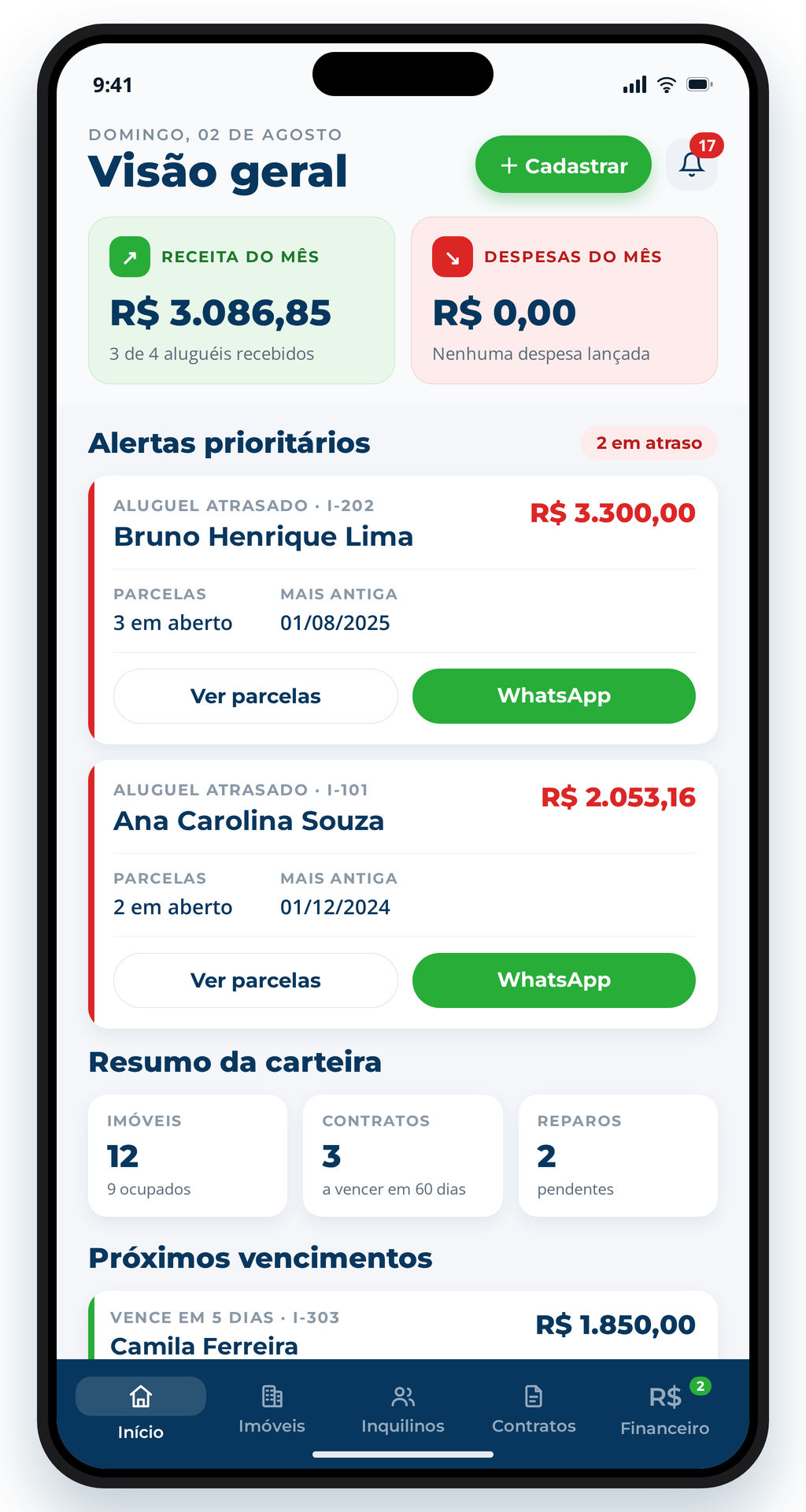 Tela Visão geral do aplicativo AlugaDinn
